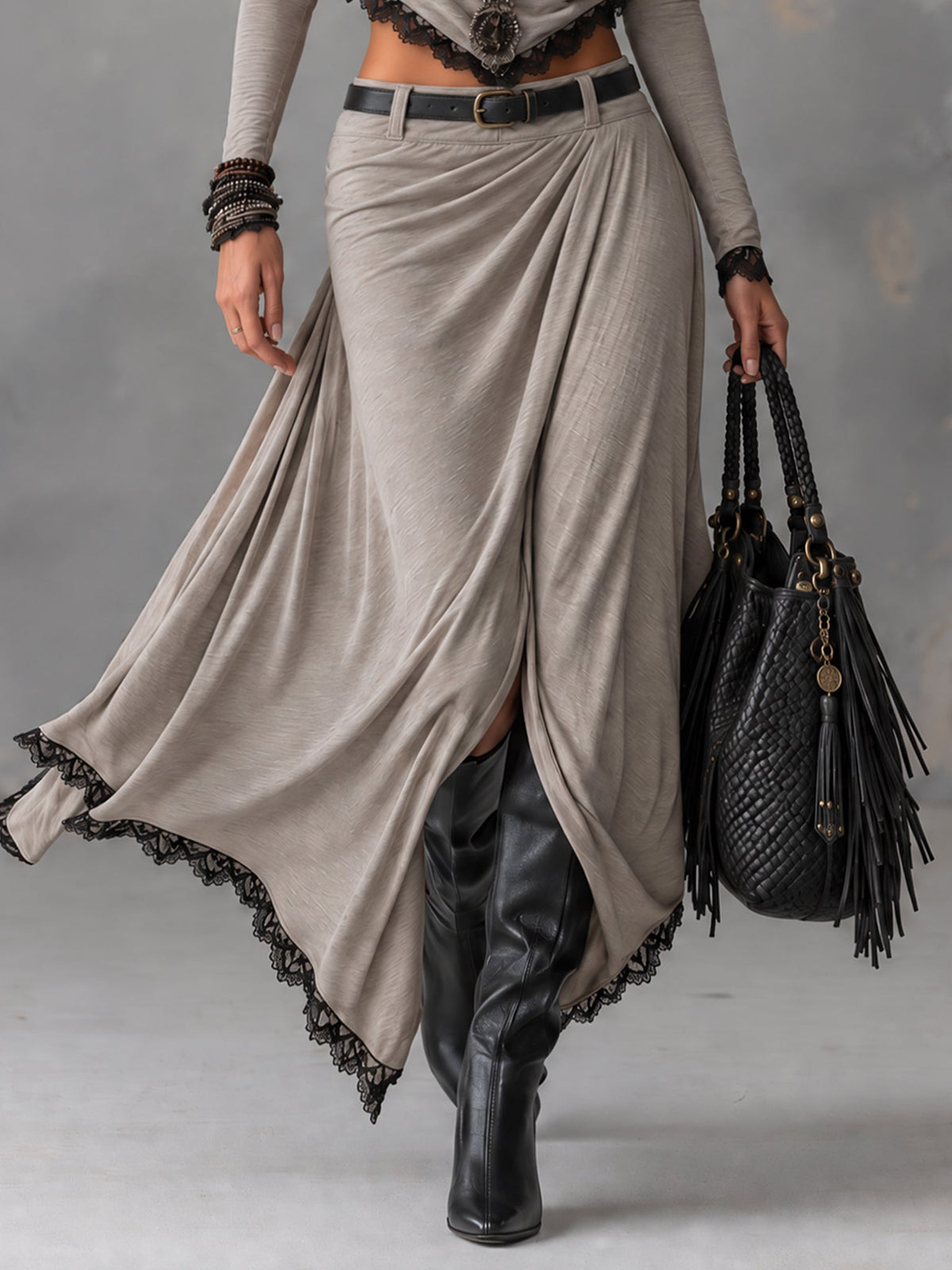 Grey stretch mock-neck cropped top and slit maxi skirt set(Belt included)