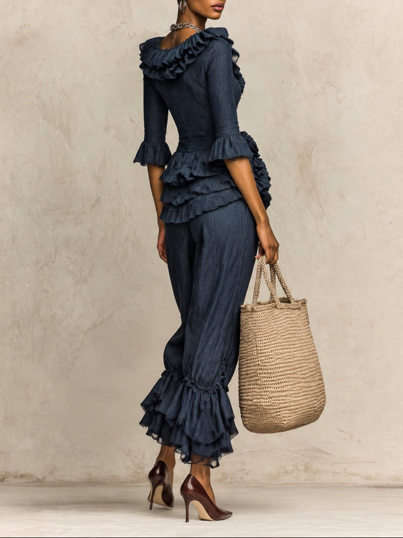 Solid Color Floral Embellished Top And Trousers Set