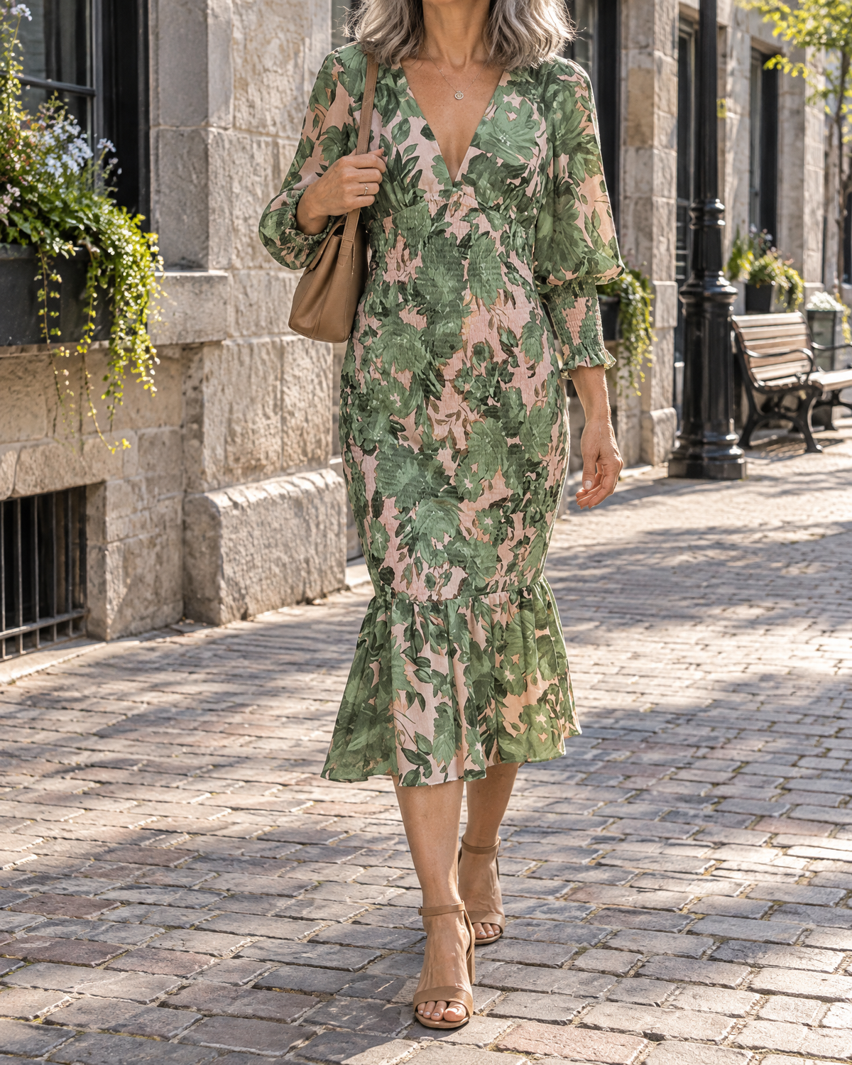 Coralie - Lantern Sleeve Print Midi Dress