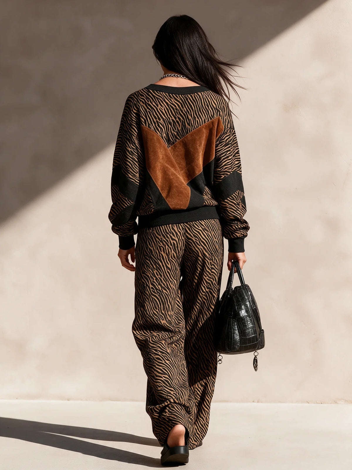 Tiger Print Faux Suede Patch Knit Two Piece Set