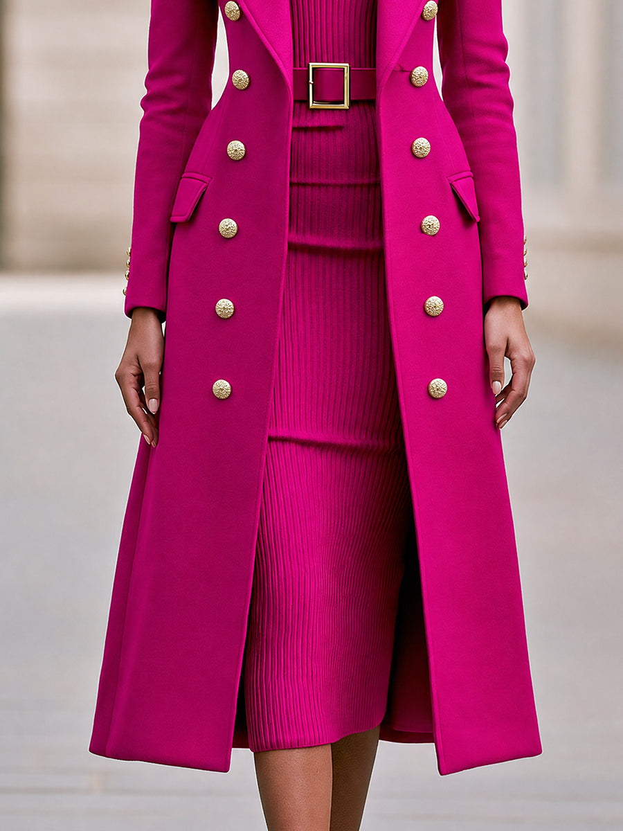 Rose Red Double-Breasted Maxi Coat And Belted Knit Midi Dress Set