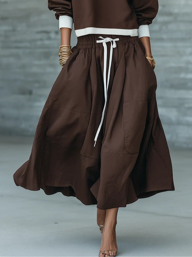 Brown Piping Top And Drawstring Patch Pocket Midi Skirt Two-piece Casual Set