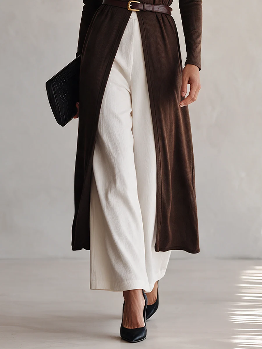 Brown Ribbed Knit Long Slit Top And White Wide-leg Pants Set (with belt)