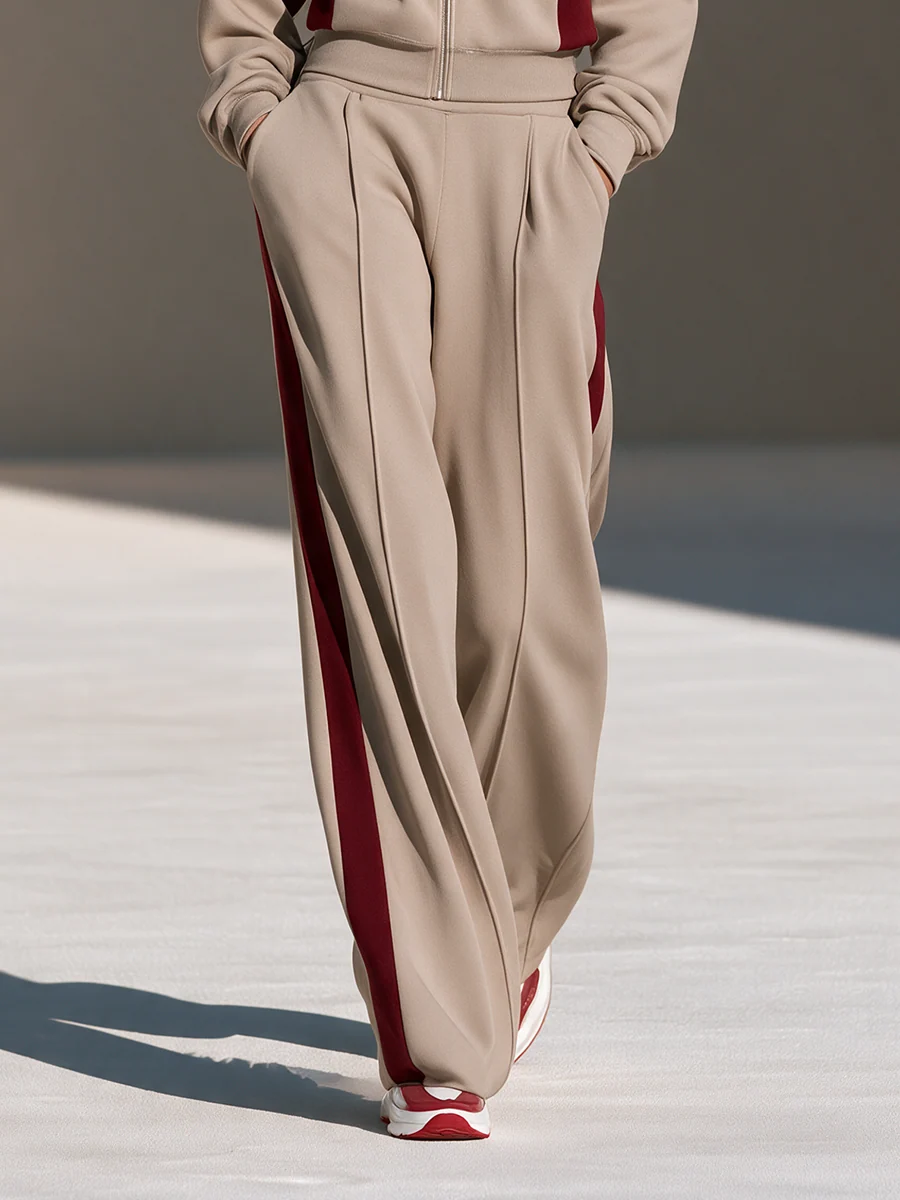 Beige & Burgundy Color Block Zip Sweatshirt Wide Leg Pants Suit