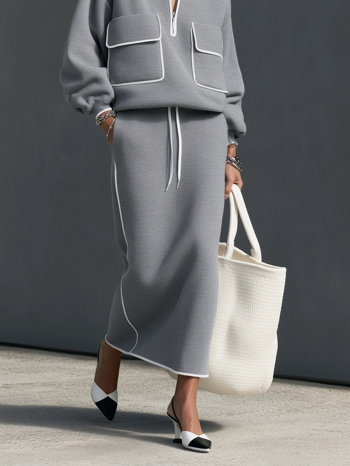 Grey Half Zip Sweatshirt & Midi Skirt Two Piece Set