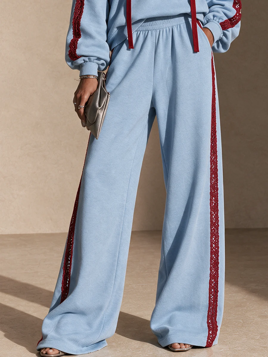 Light Blue Hoodie & Wide Leg Pants Two Piece Set with Red Lace Trim