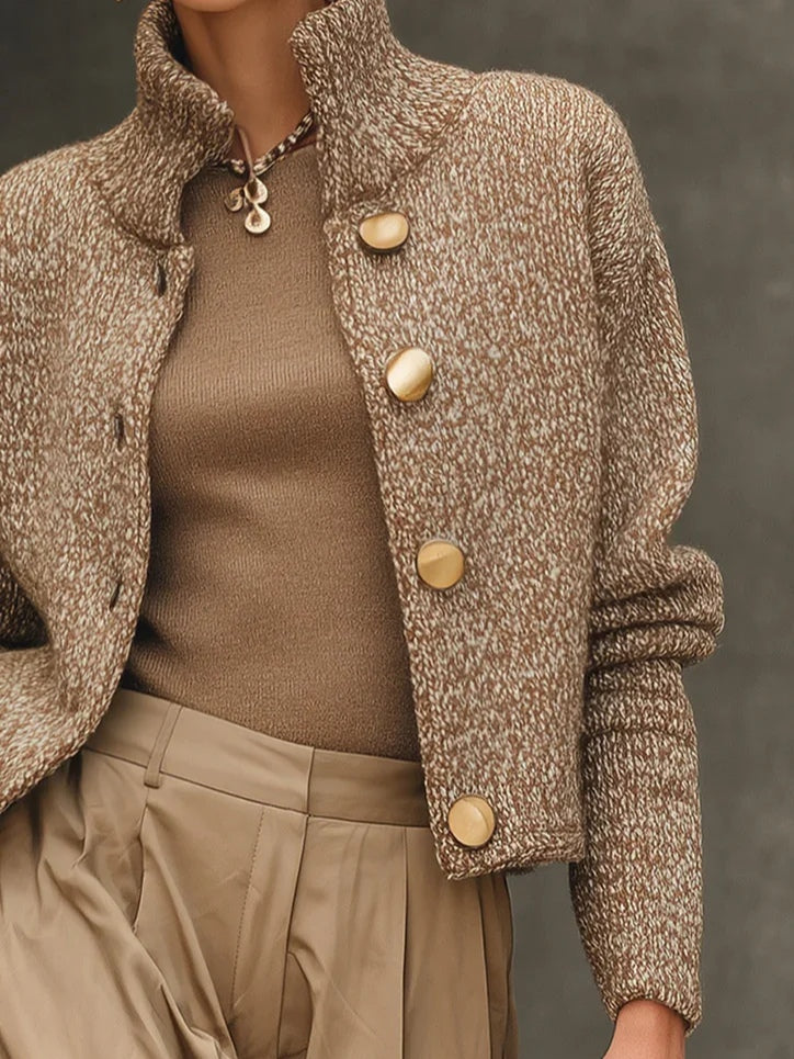 Camel Turtleneck Button-Down Cardigan Sweater