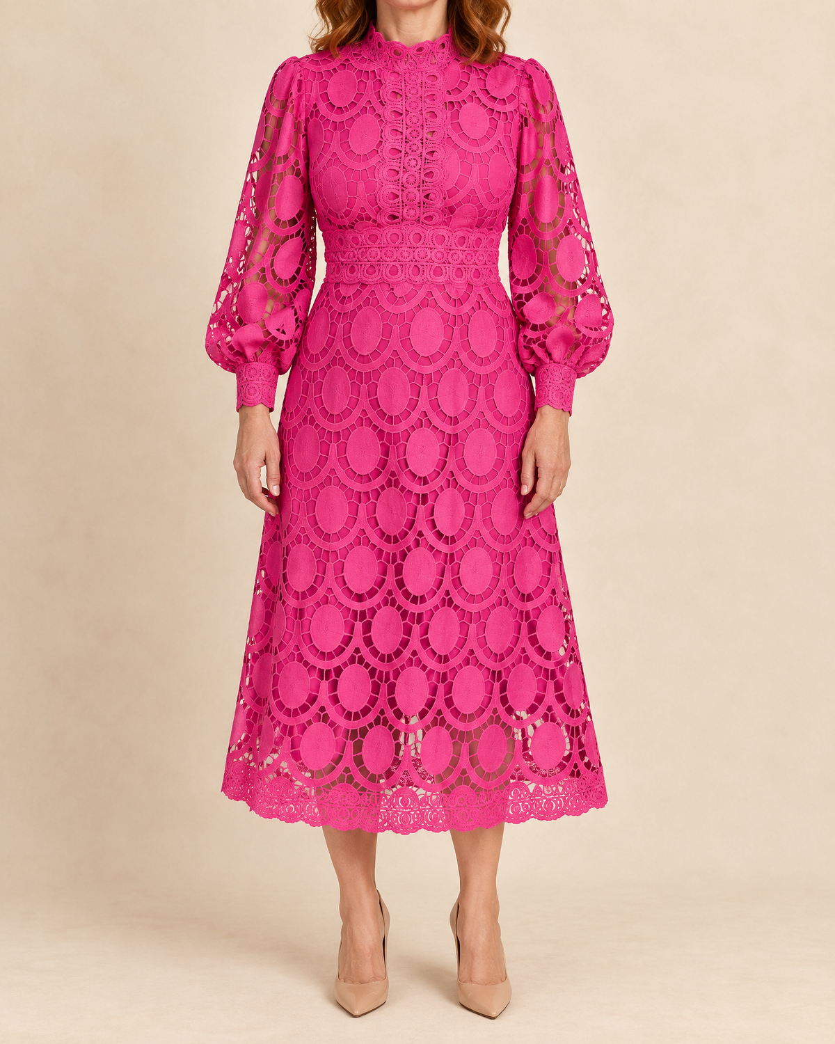 Margaux - Lace Puff Sleeve Midi Dress