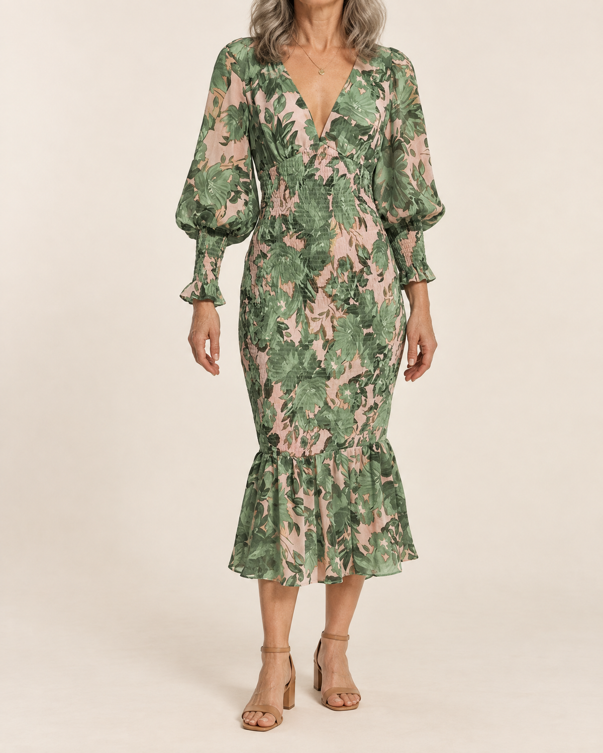 Coralie - Lantern Sleeve Print Midi Dress