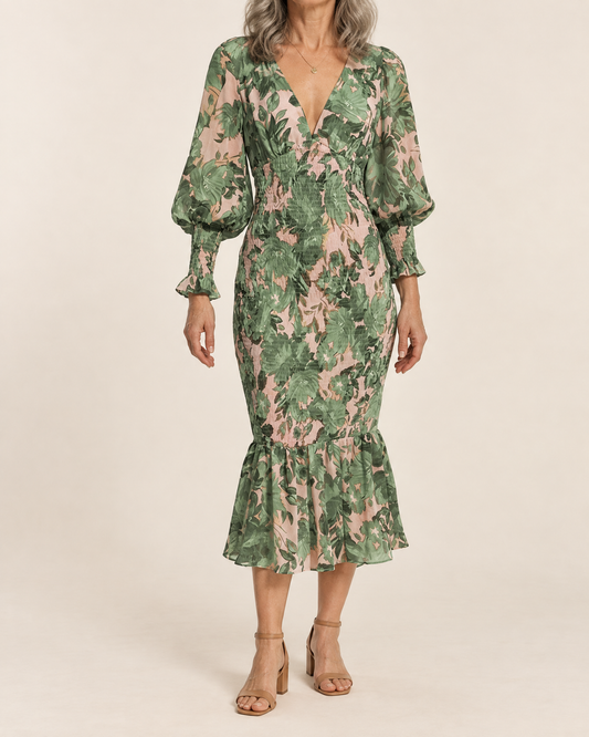 Coralie - Lantern Sleeve Print Midi Dress