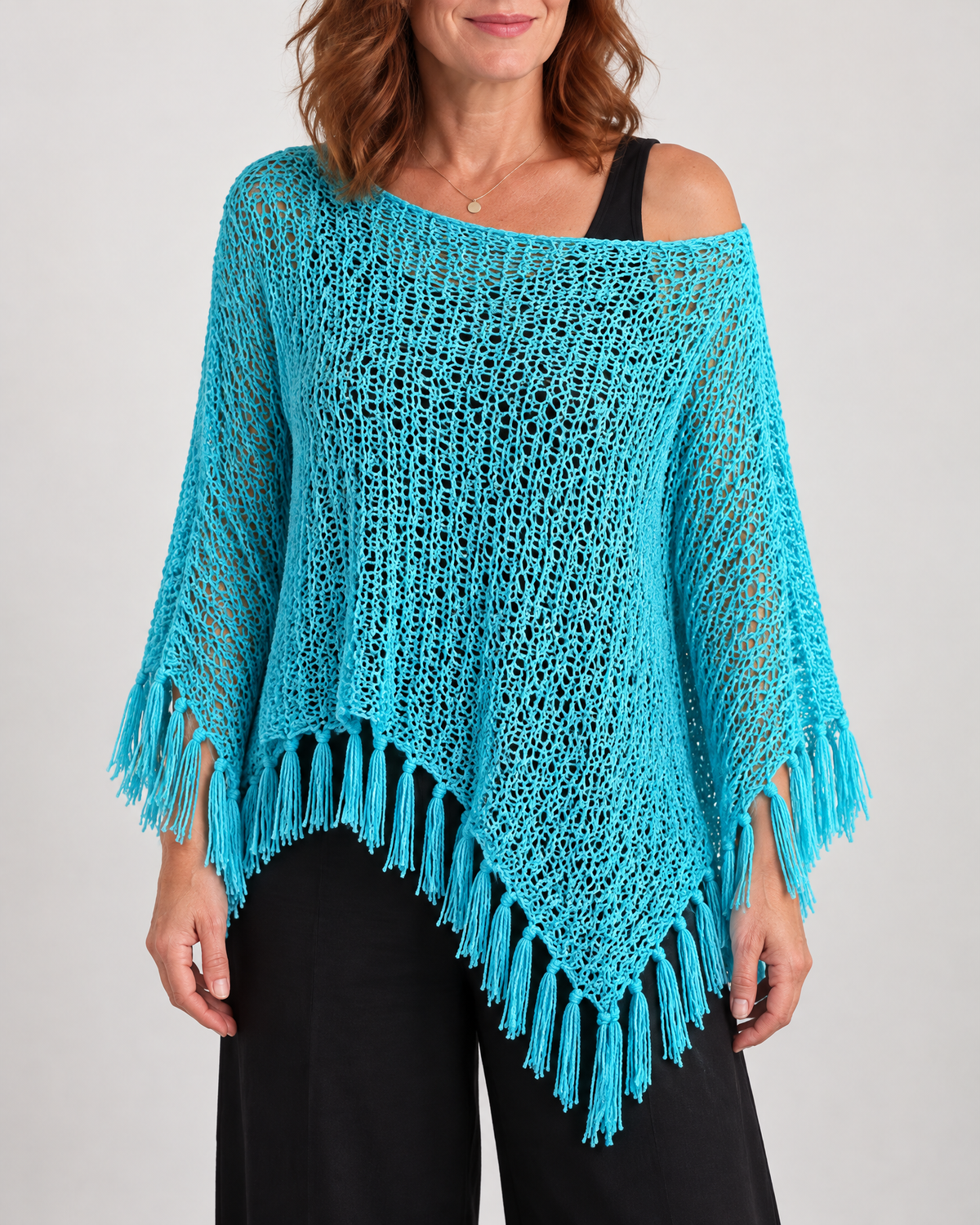 Oceane - Open Knit Tassel Poncho
