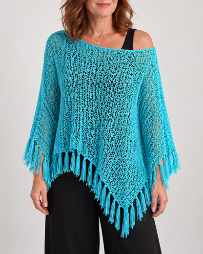 Oceane - Open Knit Tassel Poncho