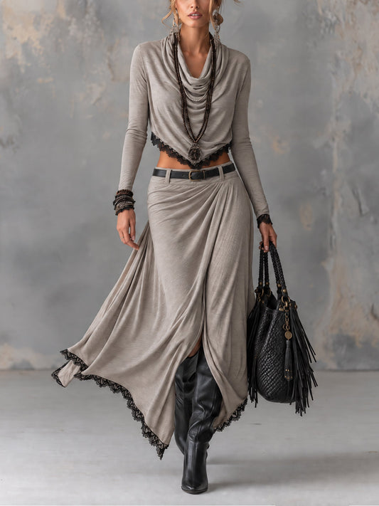 Grey stretch mock-neck cropped top and slit maxi skirt set（Belt included）