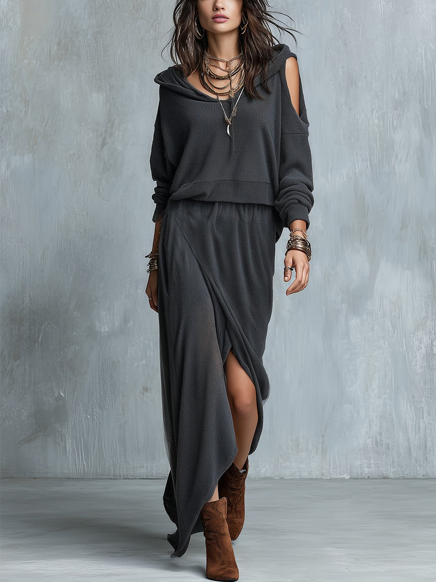 Grey off-the-shoulder hooded top and skirt set