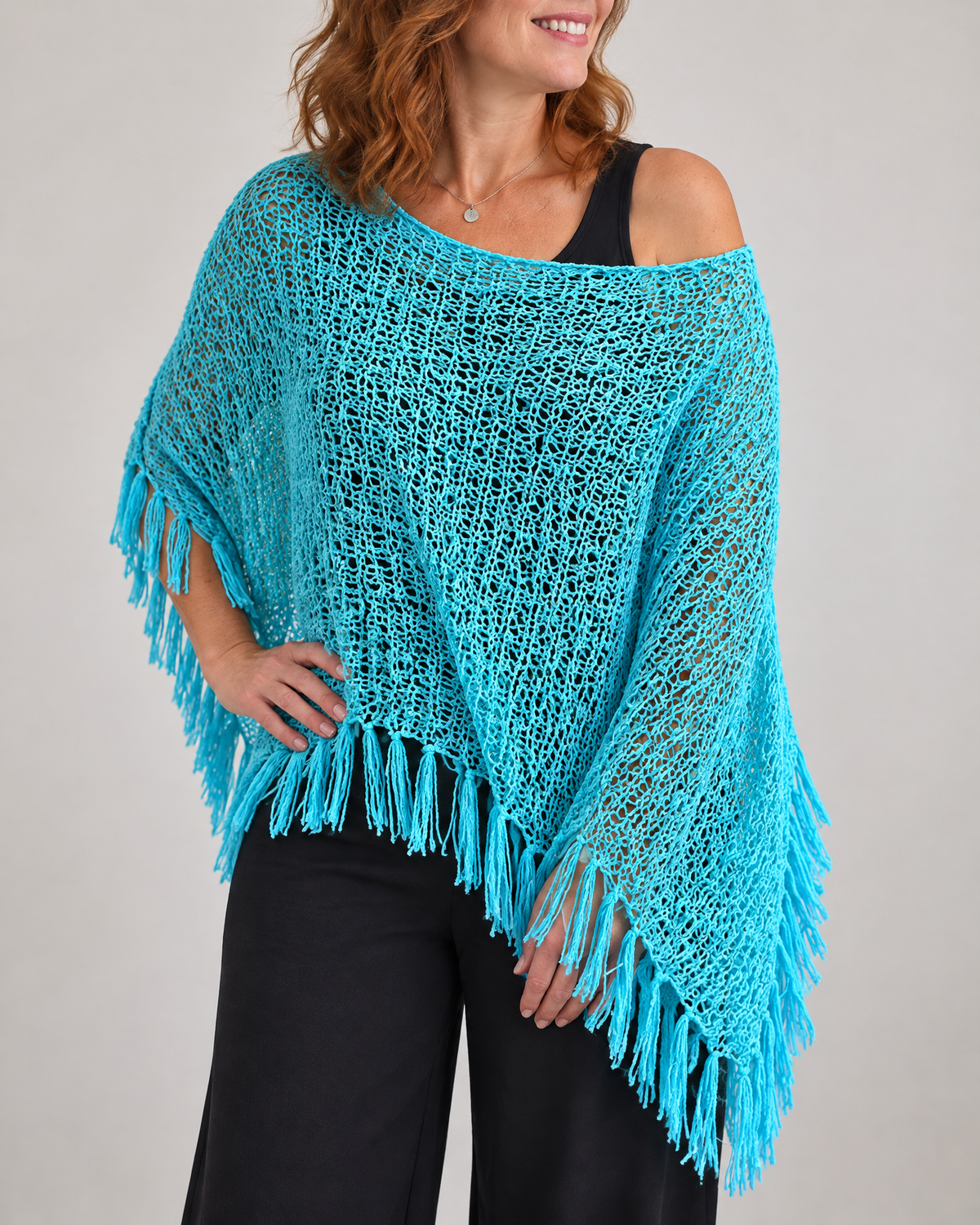 Oceane - Open Knit Tassel Poncho
