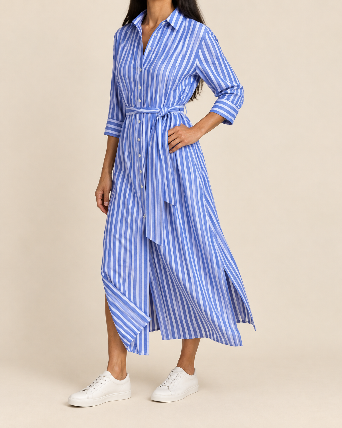 Laure - Belted Striped Shirt Dress