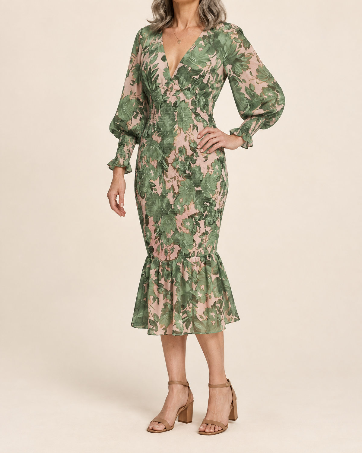Coralie - Lantern Sleeve Print Midi Dress