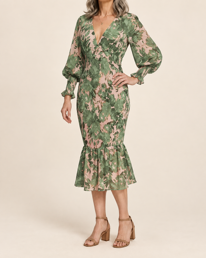 Coralie - Lantern Sleeve Print Midi Dress