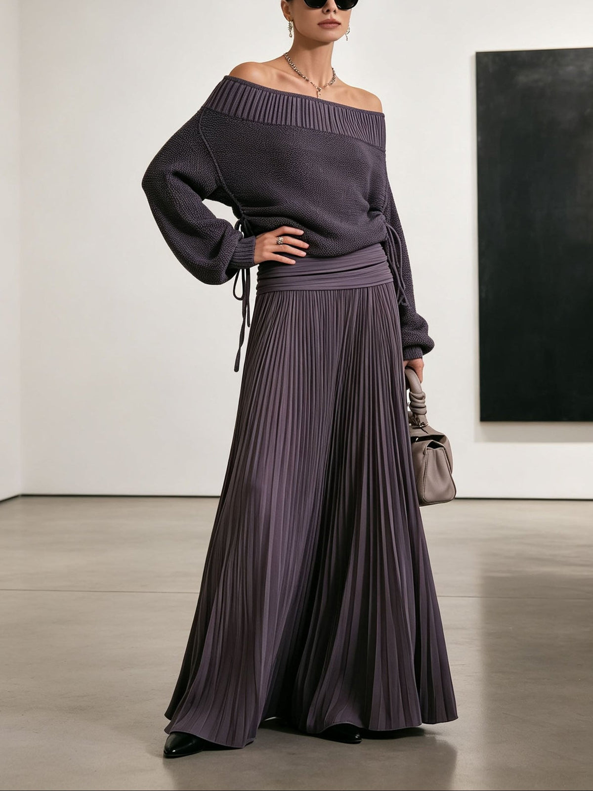 Elegant purple off-shoulder top and pleated maxi skirt two-piece set