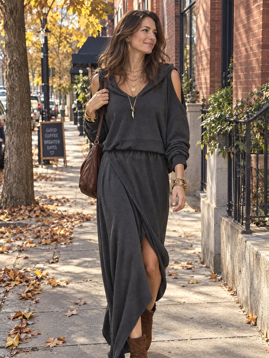 Grey off-the-shoulder hooded top and skirt set