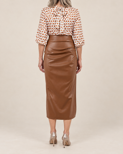 Sidonie - Ruched Faux Leather Midi Skirt