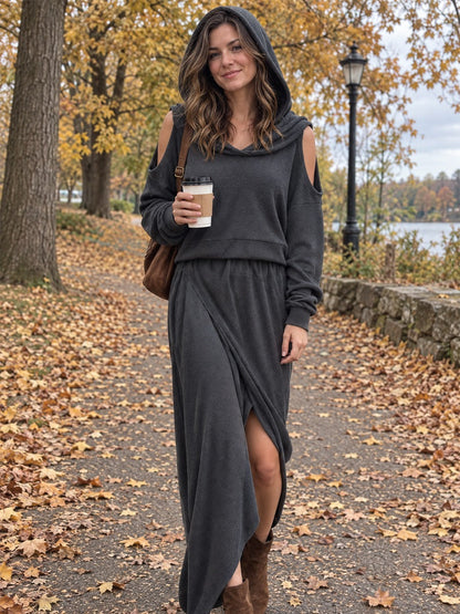 Grey off-the-shoulder hooded top and skirt set