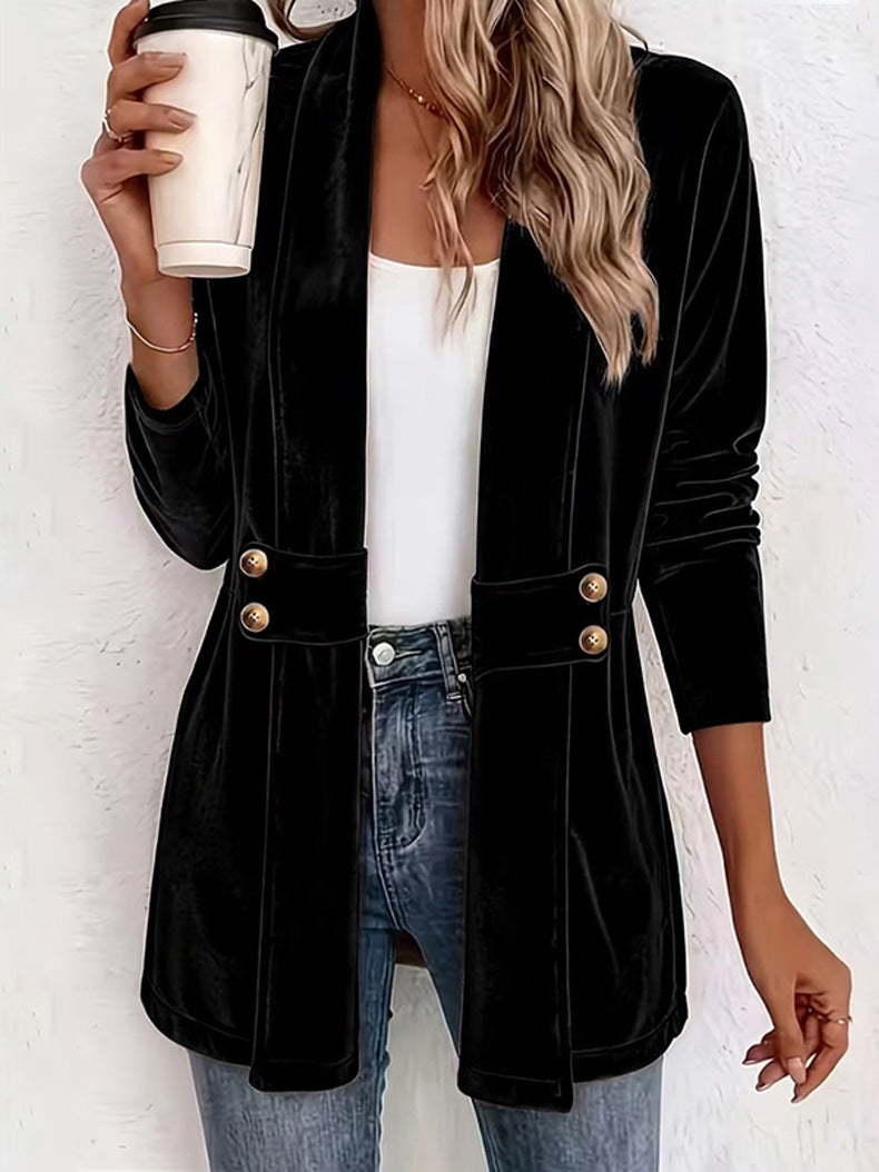 Women's Solid-Color Loose Mid-Length Golden Velvet Cardigan Coat
