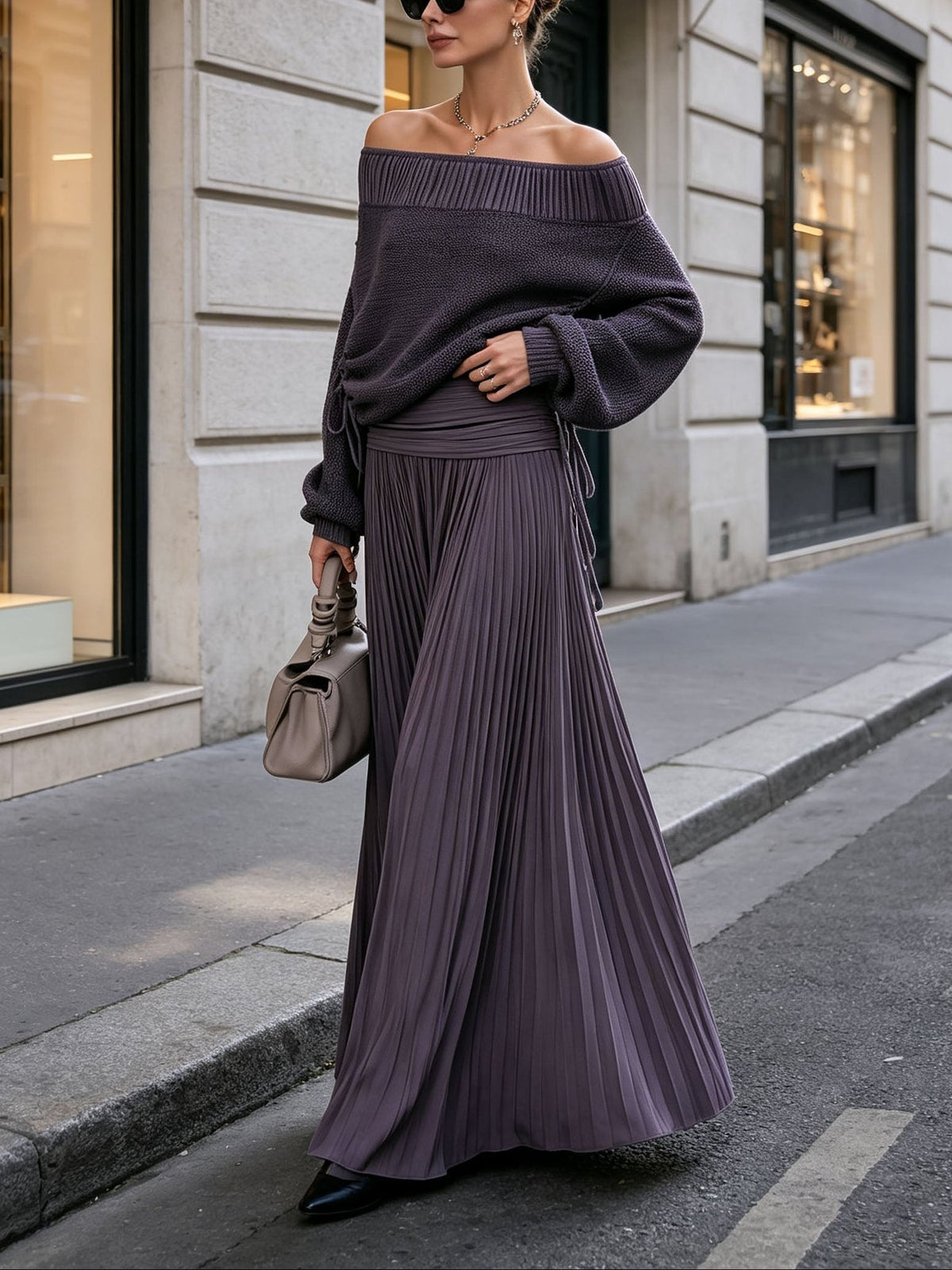 Elegant purple off-shoulder top and pleated maxi skirt two-piece set