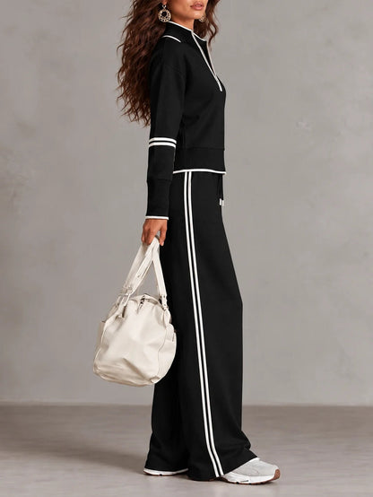 White Half-zip Collar Ribbed Sweatshirt And Color-blocked Wide-leg Pants Suit