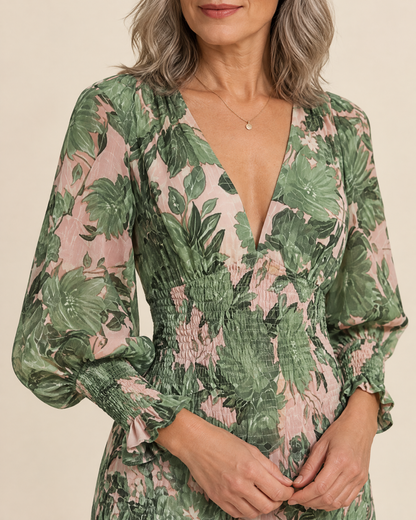 Coralie - Lantern Sleeve Print Midi Dress