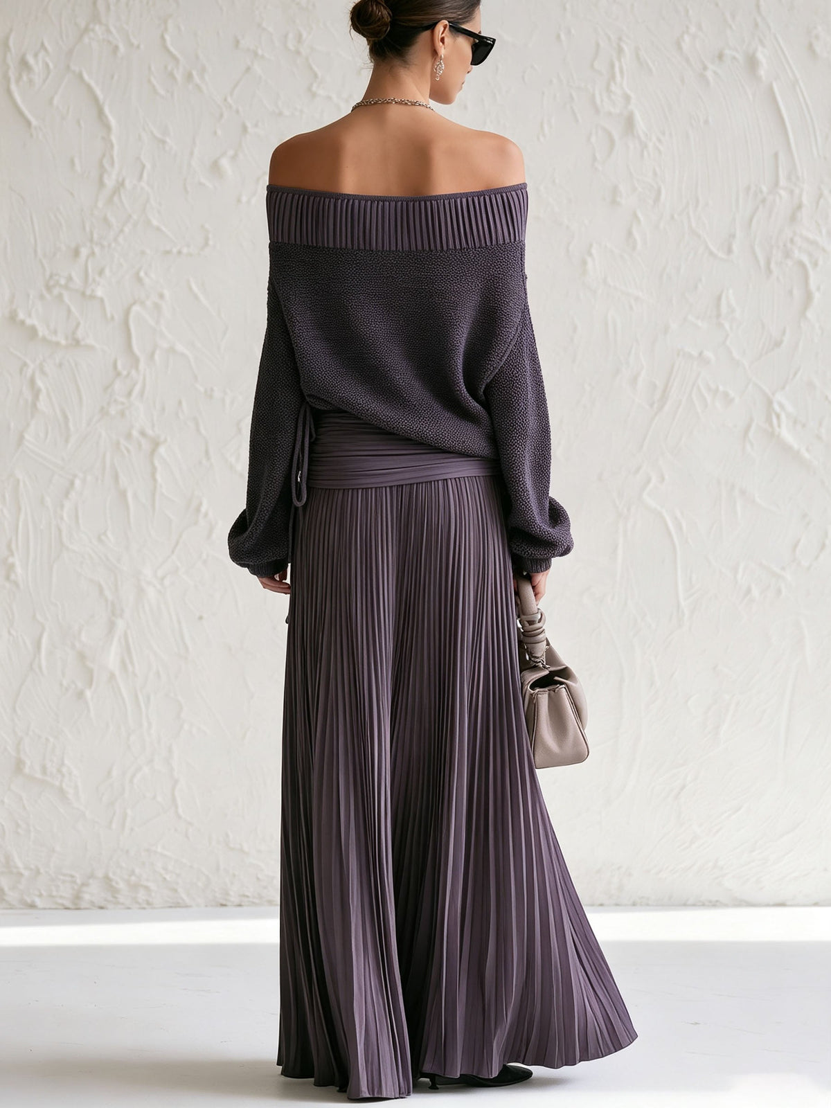 Elegant purple off-shoulder top and pleated maxi skirt two-piece set