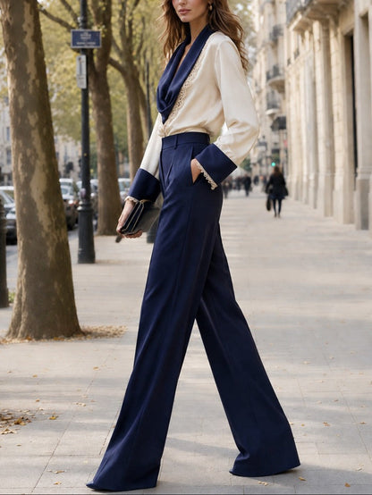 Navy Satin Lace Trim Two-Piece Trouser Set