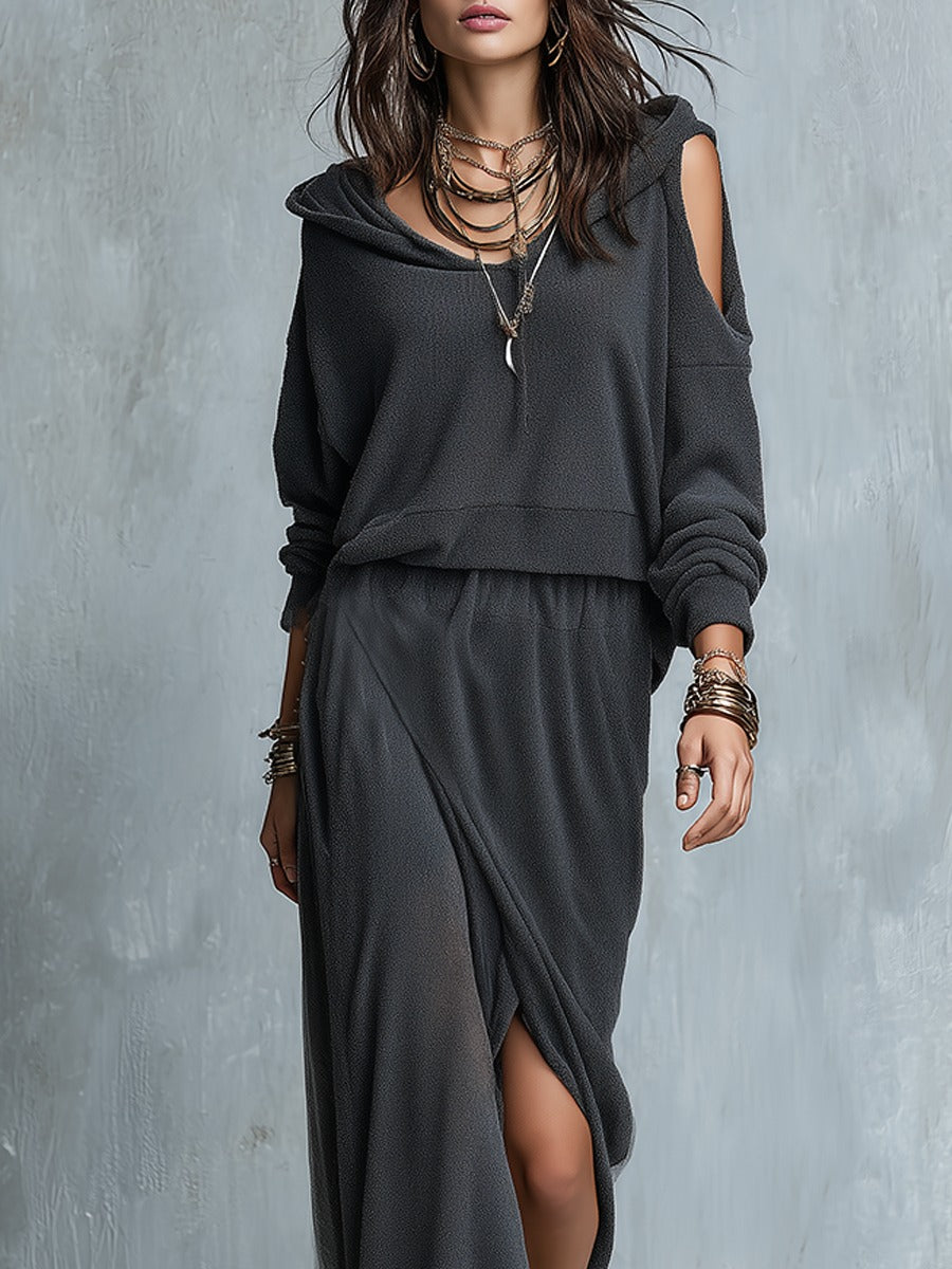 Grey off-the-shoulder hooded top and skirt set