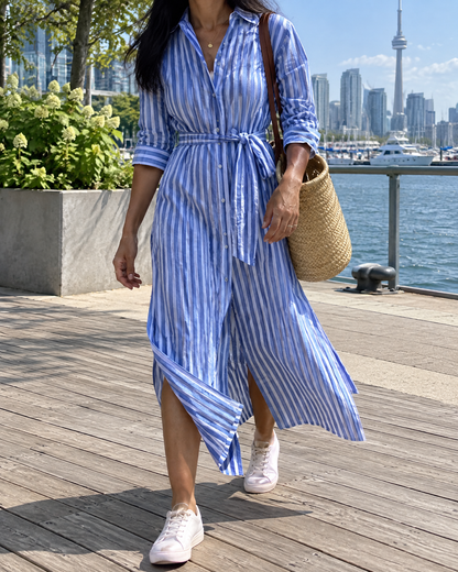 Laure - Belted Striped Shirt Dress