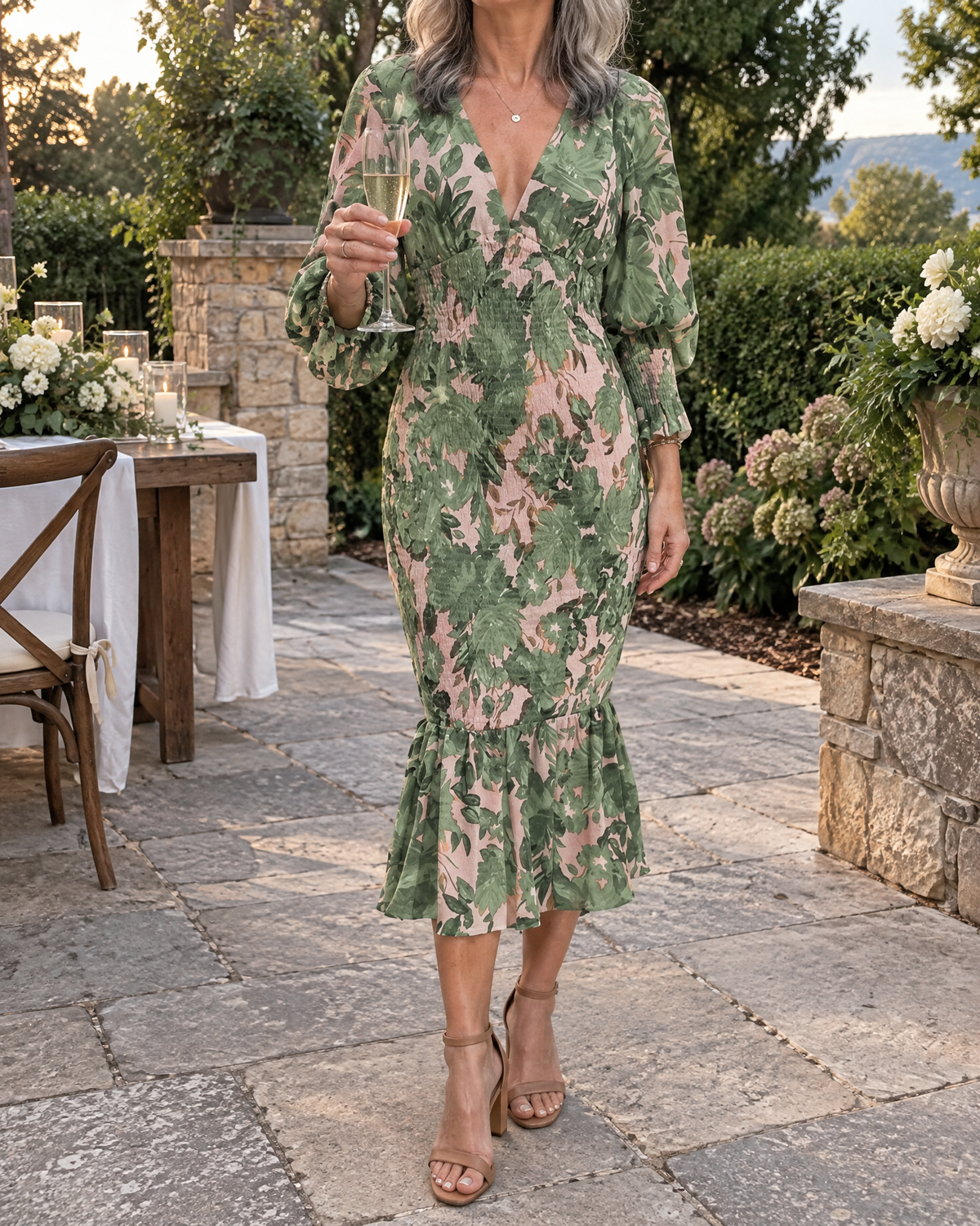 Coralie - Lantern Sleeve Print Midi Dress