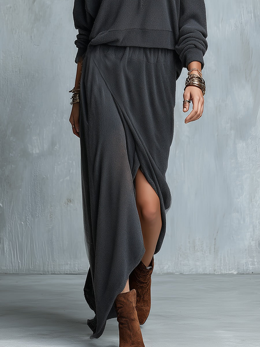 Grey off-the-shoulder hooded top and skirt set