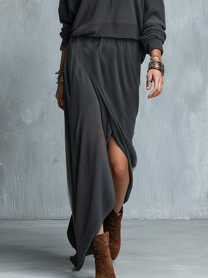 Grey off-the-shoulder hooded top and skirt set