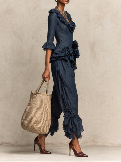 Solid Color Floral Embellished Top And Trousers Set