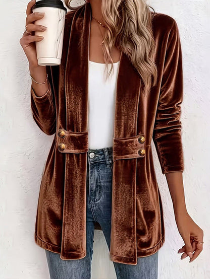 Women's Solid-Color Loose Mid-Length Golden Velvet Cardigan Coat