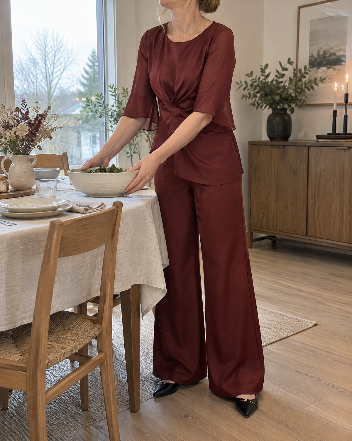 Lorraine - Satin Flared-Sleeve Set
