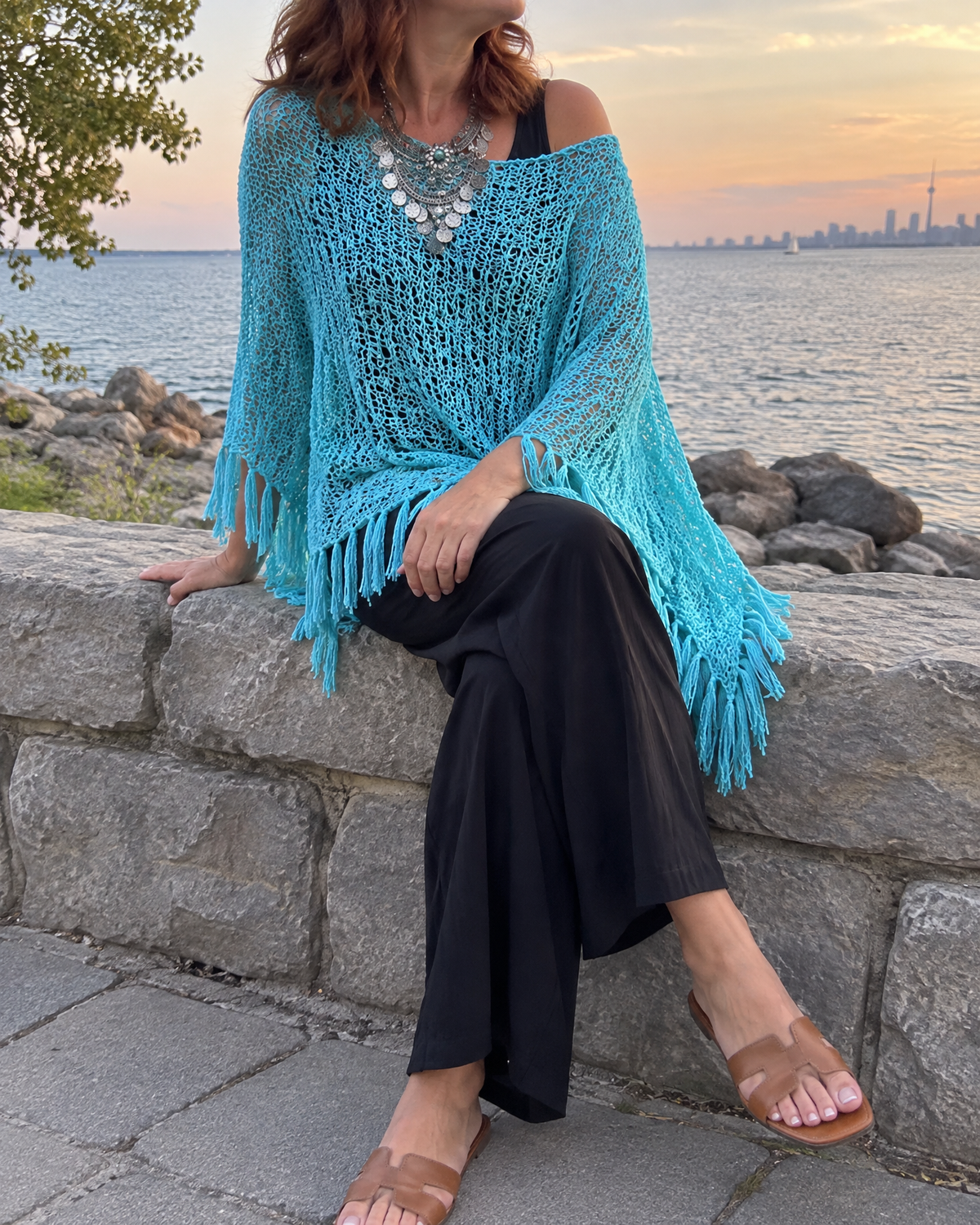 Oceane - Open Knit Tassel Poncho