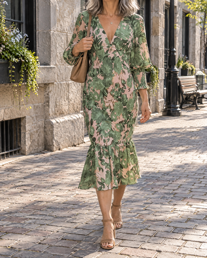 Coralie - Lantern Sleeve Print Midi Dress