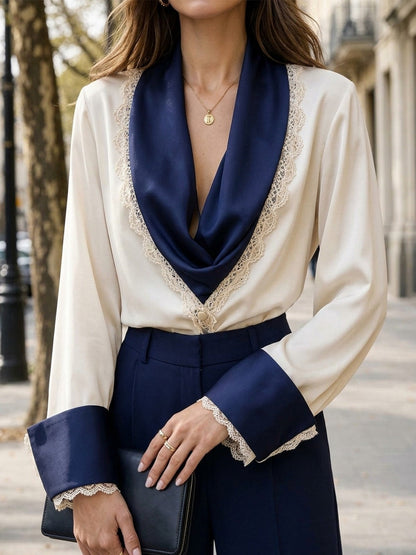 Navy Satin Lace Trim Two-Piece Trouser Set