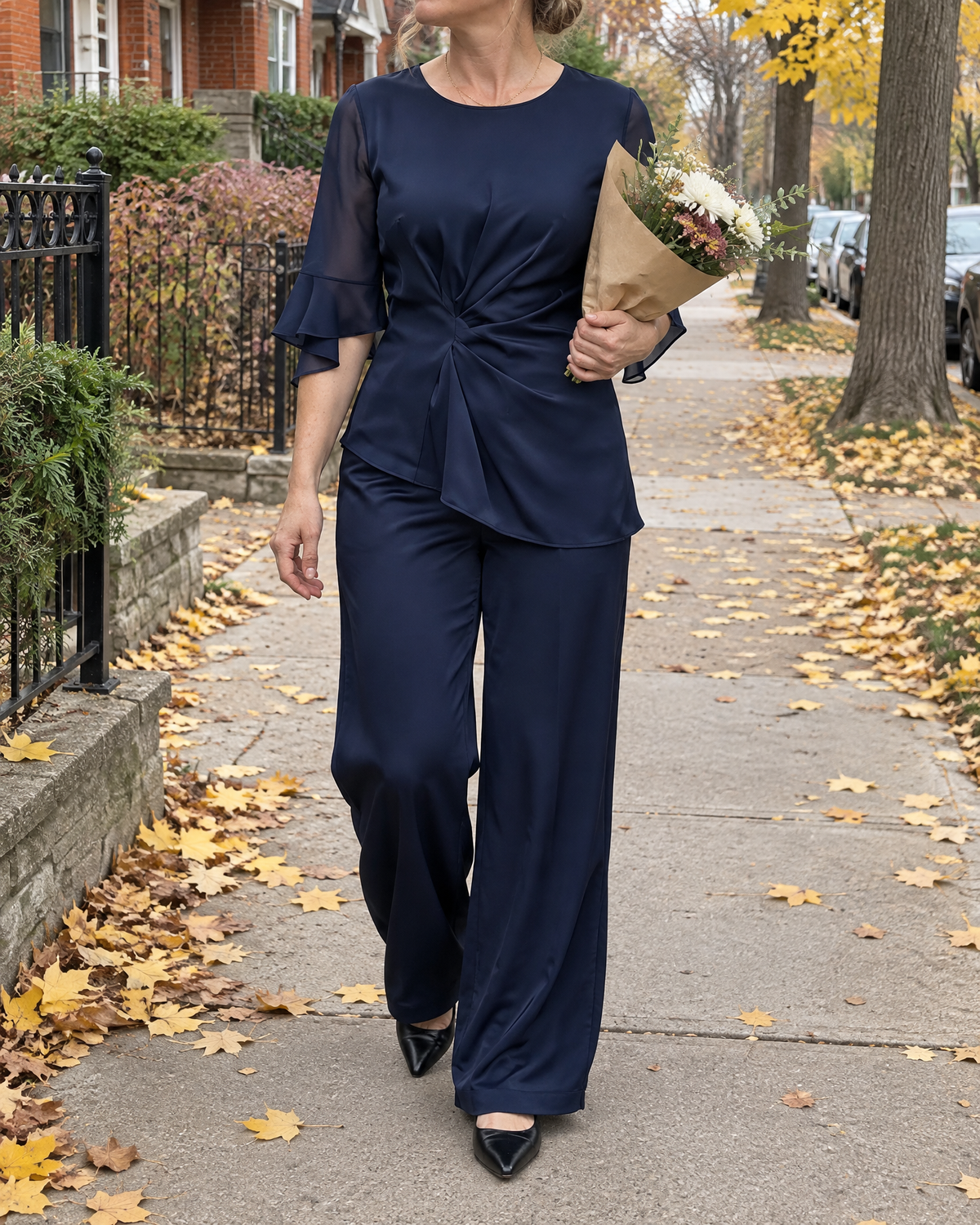 Lorraine - Satin Flared-Sleeve Set