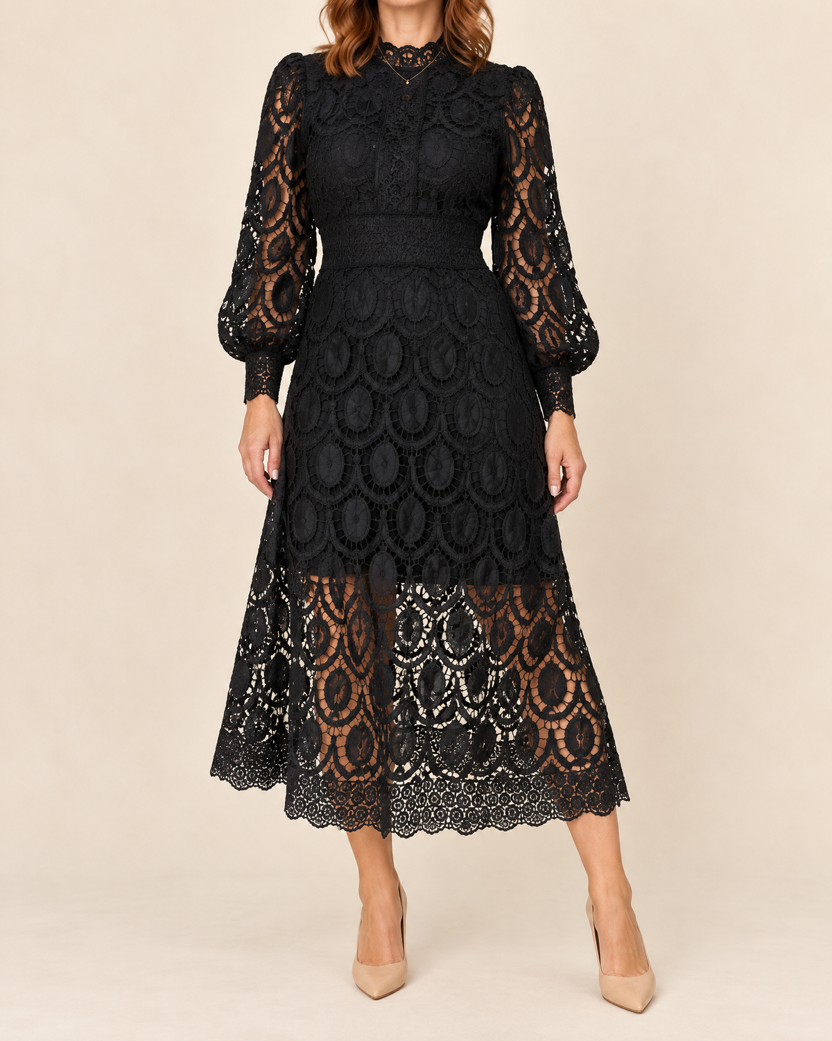 Margaux - Lace Puff Sleeve Midi Dress