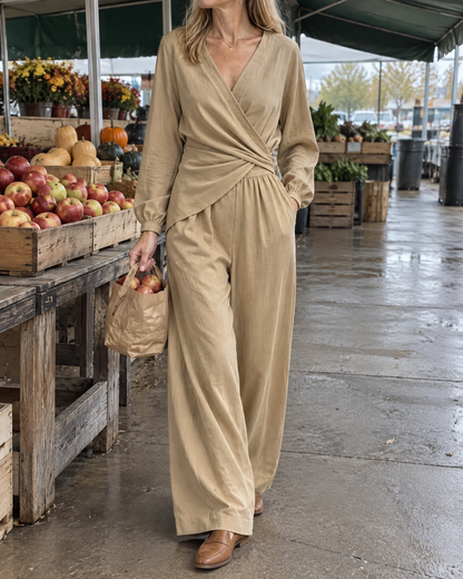 Lucille - Puff-Sleeve Linen-Look Set