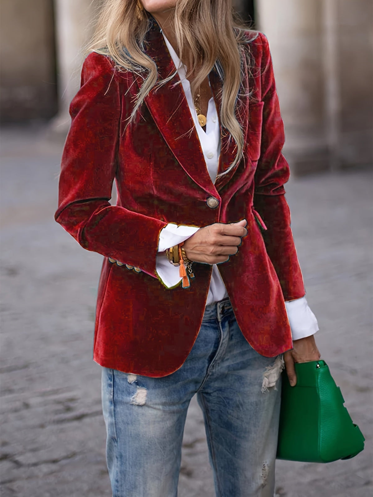 Elegant Velvet Slim-fit Faux Pocket Suit Jacket