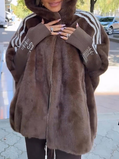 Plush Hooded Vertical Stripe Printed Casual Coat