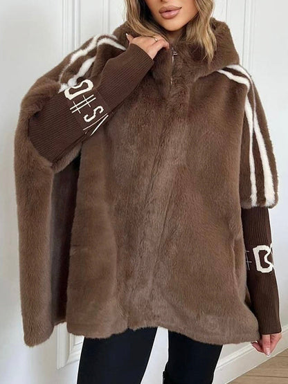 Plush Hooded Vertical Stripe Printed Casual Coat
