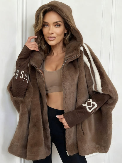 Plush Hooded Vertical Stripe Printed Casual Coat